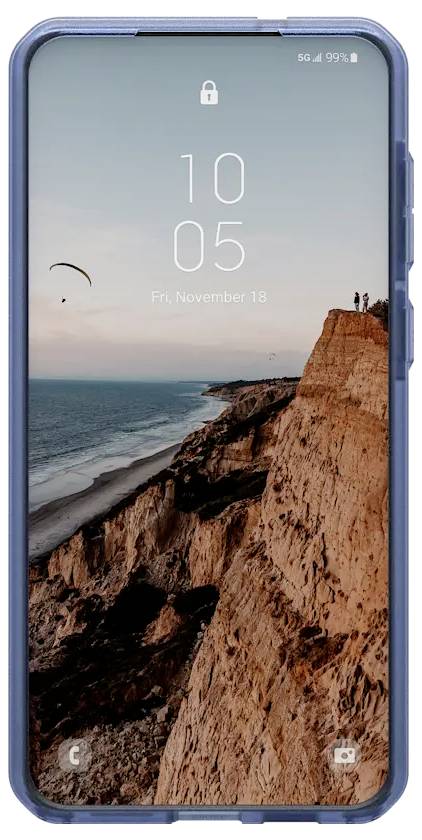 Smartphone mit einem Bild einer Klippe, auf dem zwei Personen am Rand stehen und ein Gleitschirmflieger am Himmel zu sehen ist.