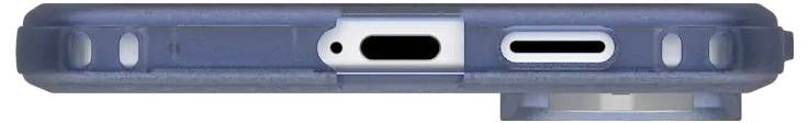 Das Bild zeigt den unteren Rand eines blauen Smartphone-Gehäuses, der Aussparungen für einen Ladeanschluss, einen Lautsprecher und ein Mikrofon freigibt.