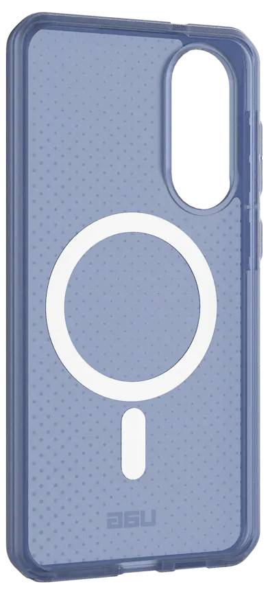 Blaue Handyhülle mit kreisförmigem Design, strukturierter Oberfläche und Kameraausschnitt.