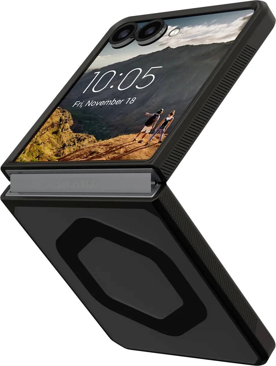 Ein faltbares Smartphone, halb geöffnet, mit einer Landschaftsfotografie auf dem Bildschirm und der Anzeige '10:05 Uhr, Freitag, 18. November'. Zwei Kameras sind sichtbar.