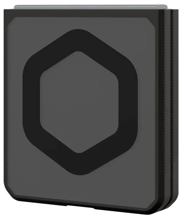Ein rechteckiges, dunkel gefärbtes Spielgerät mit einem markanten hexagonalen Logo auf seiner Vorderseite, das ein schlankes und minimalistisches Design veranschaulicht.
