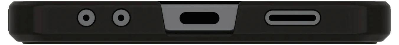 Unteransicht eines schwarzen iPhones mit zwei Lautsprecherblenden und einem zentralen Ladeanschluss.