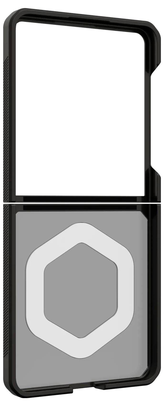 Ein schwarzes Handyhülle mit offener Vorderseite, entwickelt für ein faltbares Gerät. Es verfügt über einen grauen Rücken mit einem weißen Sechseck-Design.