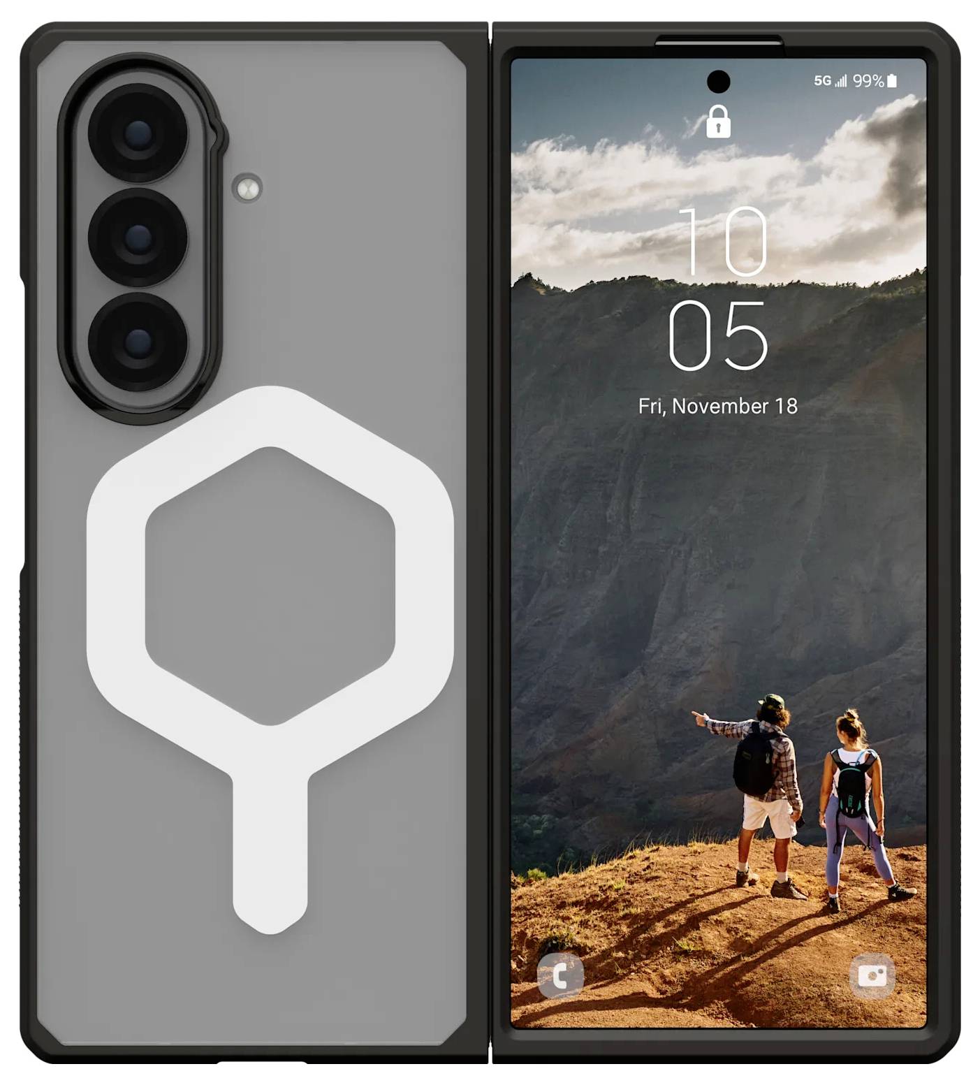 Ein Smartphone mit Sperrbildschirm zeigt eine Bergwanderszene mit zwei Personen. Die Zeit ist 10:05 Uhr, und das Datum ist Freitag, der 18. November.