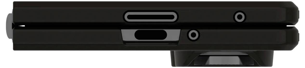 Seitenansicht eines gefalteten, schwarzen elektronischen Geräts mit sichtbaren Tasten und einem leicht hervorstehenden Kameraobjektiv am unteren Rand.