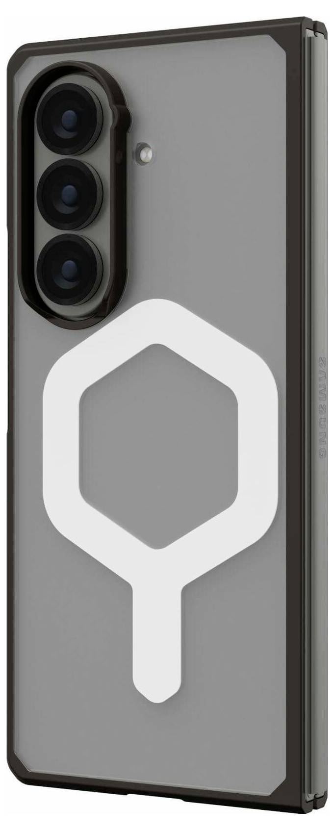 Ein Smartphone mit grauer Rückseite, das drei vertikal angeordnete Rückkameras und ein auffälliges weißes, geometrisches Logo in der Mitte aufweist.