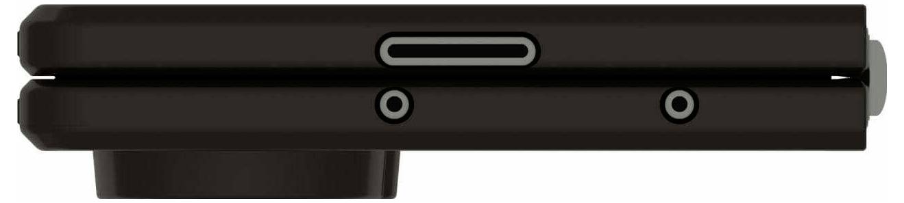 Seitenansicht eines faltbaren Smartphones, das seinen Scharnirmechanismus und die Lautstärketasten zeigt.