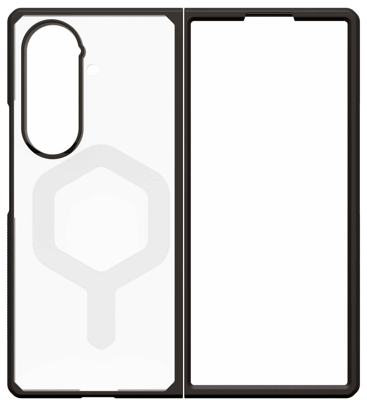 Eine Smartphone-Hülle mit geometrischem Logodesign auf der Rückseite, die einen schwarzen Rand und einen transparenten Mittelteil aufweist und sowohl Schutz als auch Stil bietet.
