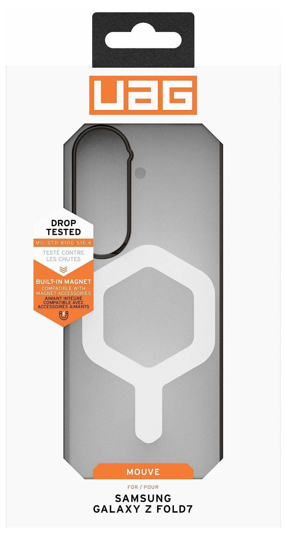 Stoßfester Handyschutzhülle für Samsung Galaxy Z Fold7 mit weißer Umrandung und integriertem Magneten, in Schutzverpackung.