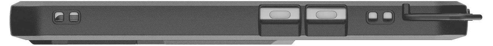 Ein schwarzes, rechteckiges Gerät mit Tasten und einem hervorstehenden Anschluss an einem Ende, von der Seite betrachtet.