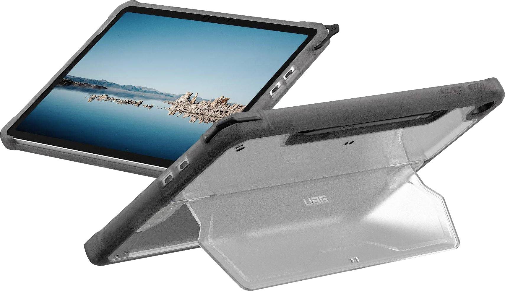 Robustes Tablet-Gehäuse mit verstellbarem Trageriemen und Ständer, das ein Tablet mit einer Landschaftsaufnahme hält.