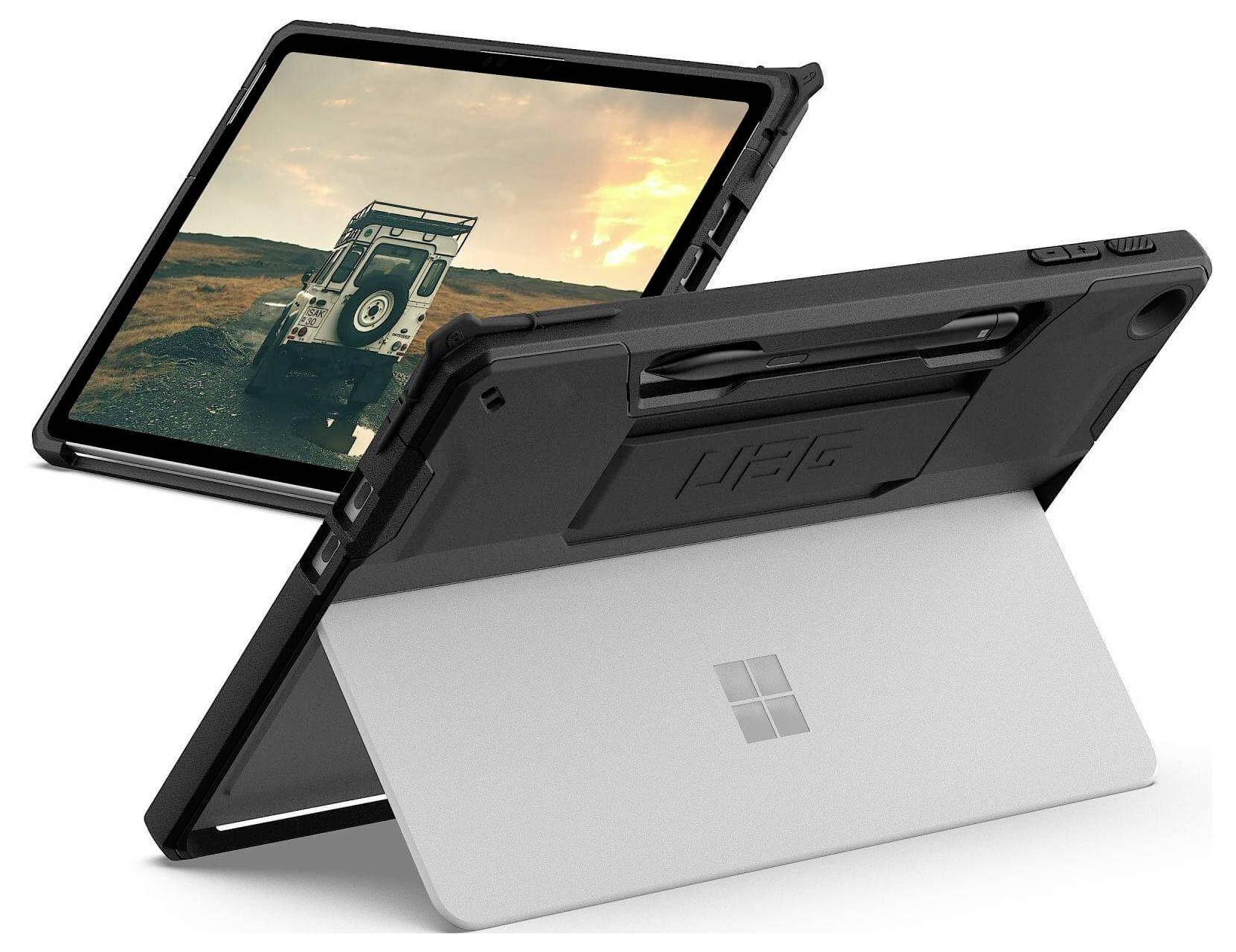 Ein robustes Tablet-Gehäuse mit integriertem Ständer, auf dessen Bildschirm ein Landschaftsbild zu sehen ist. Das Design vermittelt Widerstandsfähigkeit und Funktionalität.