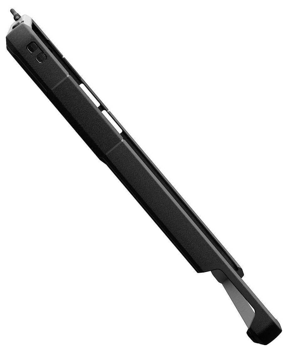 Rechteckiges schwarzes elektronisches Gerät mit Tasten am Griff, das einem Scanner oder Werkzeug ähnelt, vor einem weißen Hintergrund isoliert.