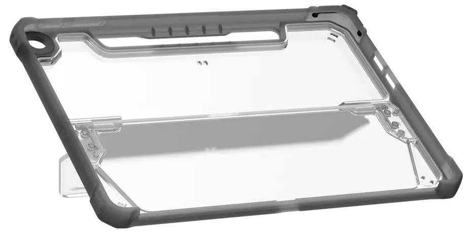 Eine Tablethülle mit robustem, verstärktem Design, ausgestattet mit einer durchsichtigen Rückseite und integriertem Ständer.