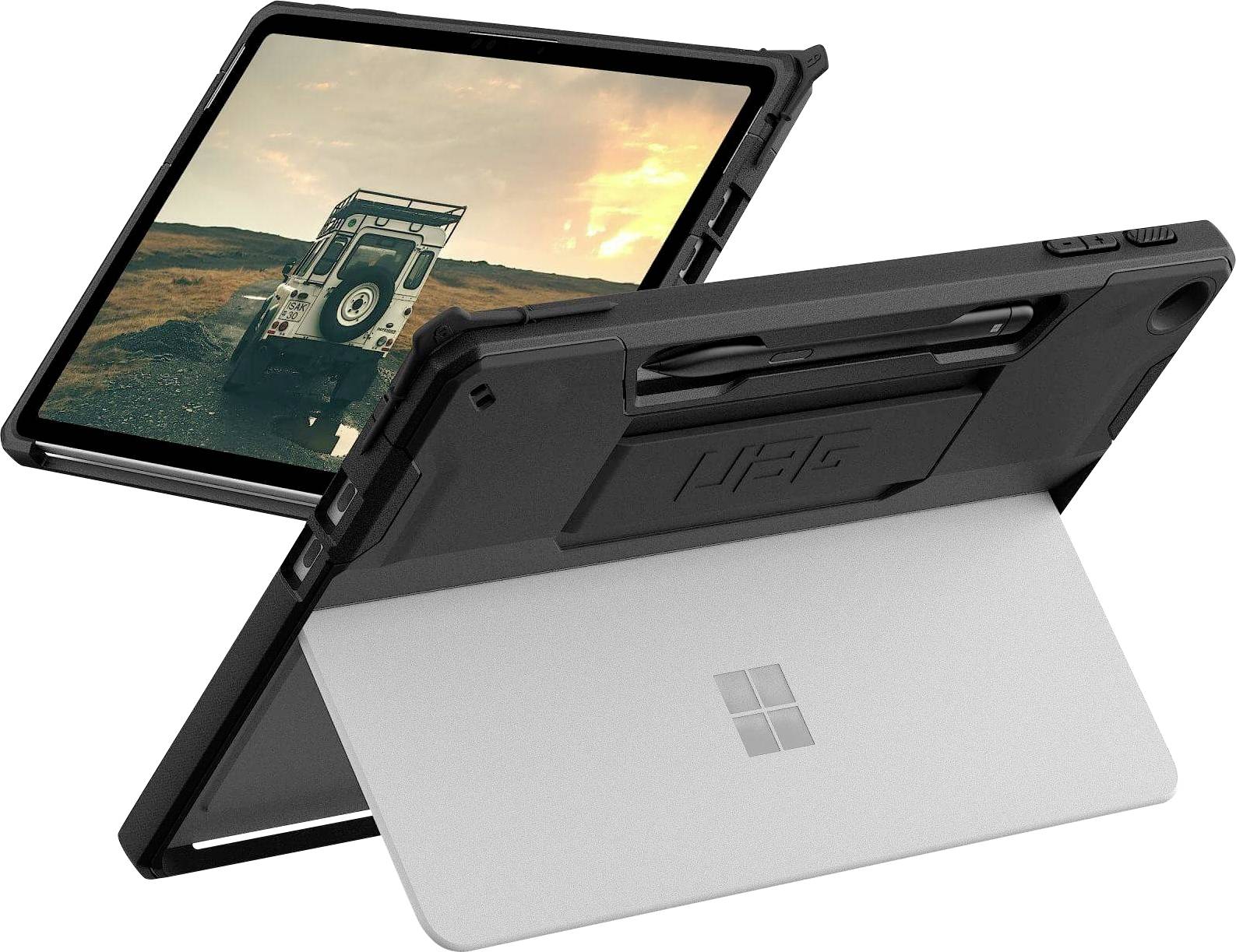 Vorder- und Rückansicht eines Tablets mit einem grauen Schutzgehäuse, ausgestattet mit einem Ständer und einem Trageriemen für einfache Mitnahme.