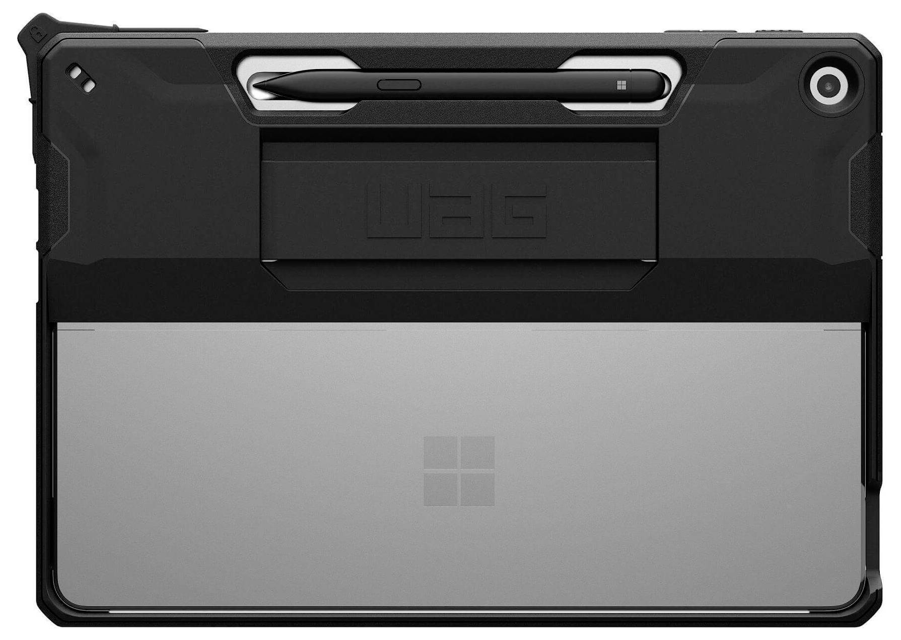 Ein robustes schwarzes Gehäuse auf einem Tablet mit Ständer und Halterung für den Stylus, das Widerstandsfähigkeit und Praktikabilität demonstriert.