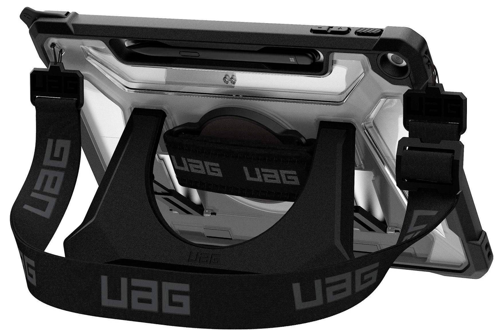 Ein Tablet, das in einem robusten UAG-Schutzgehäuse mit verstellbarem Ständer und einem Riemen für sicheren Halt untergebracht ist.