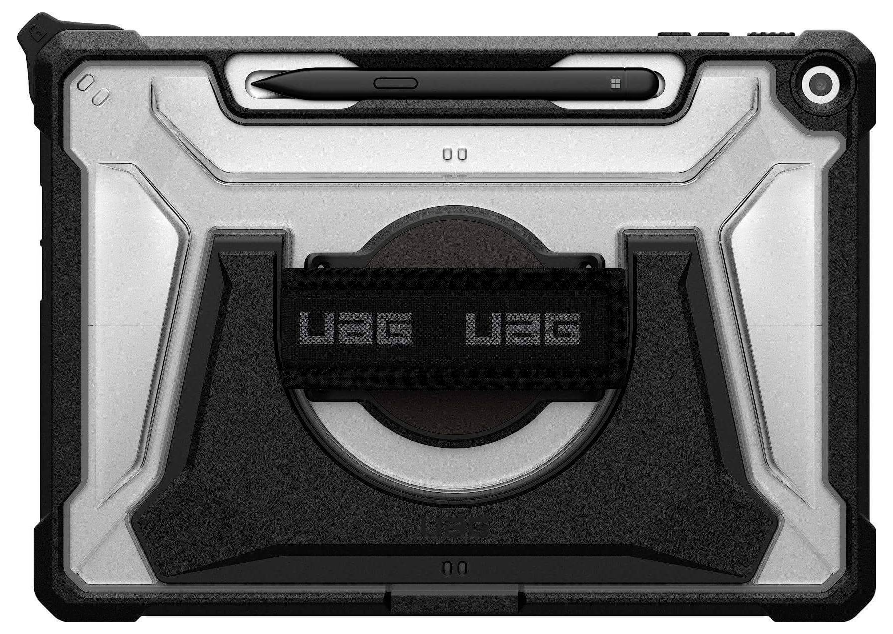 Ein robustes Schutzgehäuse für ein Tablet mit integriertem Ständer und Griffelhalter, in einem schwarz-grauen Design mit 'UAG'-Branding.