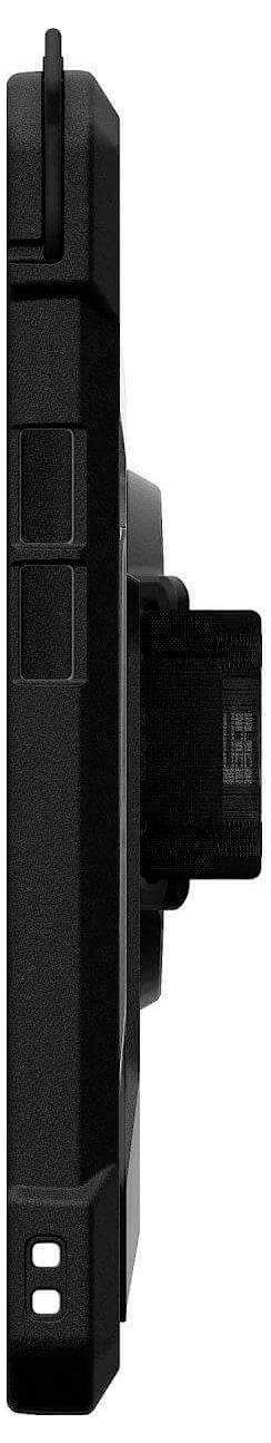 Seitenansicht einer schwarzen tragbaren Spielekonsole mit hervorgehobener Tastaturanordnung und einem zentralen Bildschirm, die ihr schlankes Design betont.