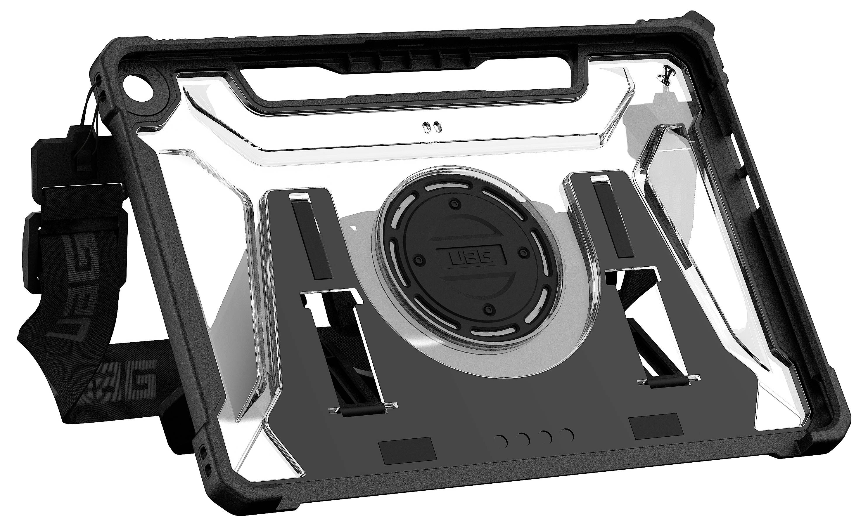 Eine robuste, transparente Tablet-Hülle mit Handschlaufe, die mit verstärkten Kanten und einem kreisförmigen Griff auf der Rückseite für sicheren Halt ausgestattet ist.