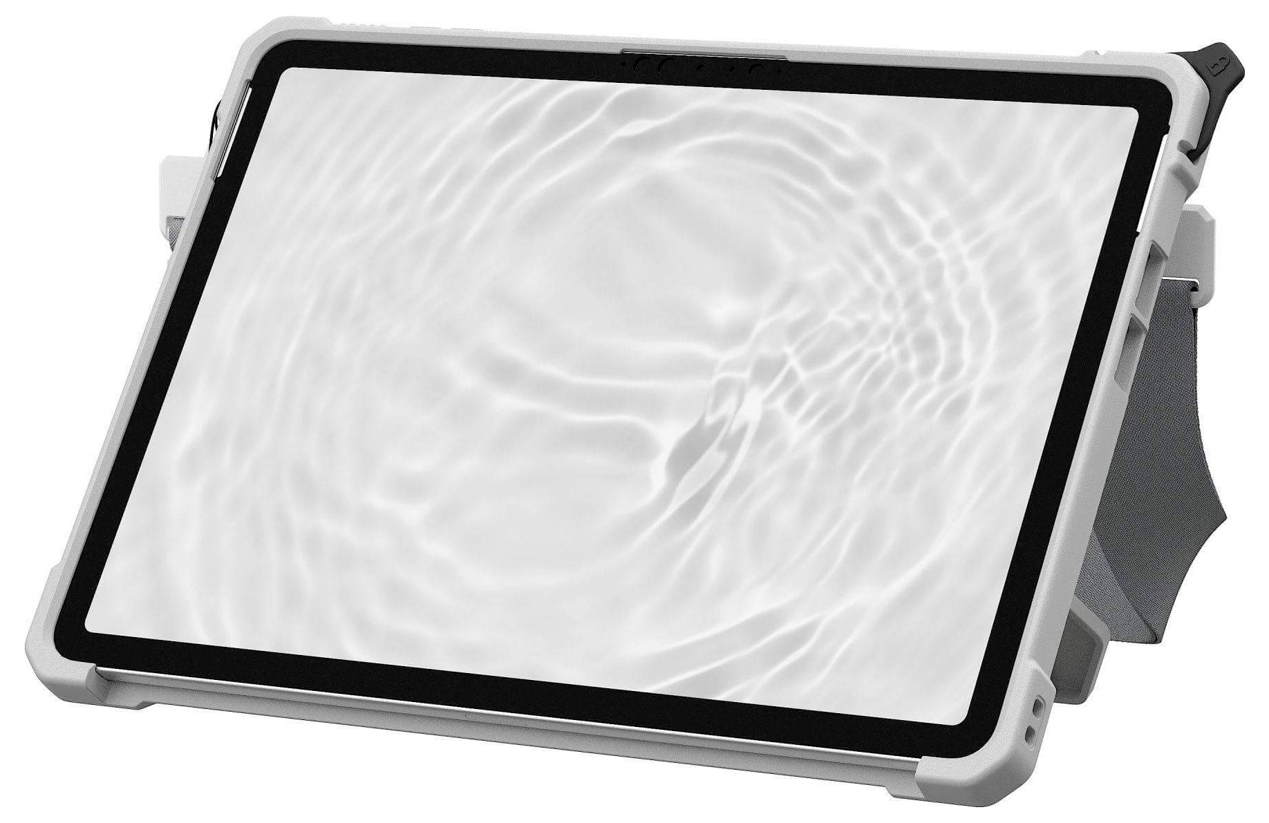 Ein Tablet mit einem robusten weißen Gehäuse, auf dessen Bildschirm eine Wasserripple-Effekt horizontal dargestellt wird.