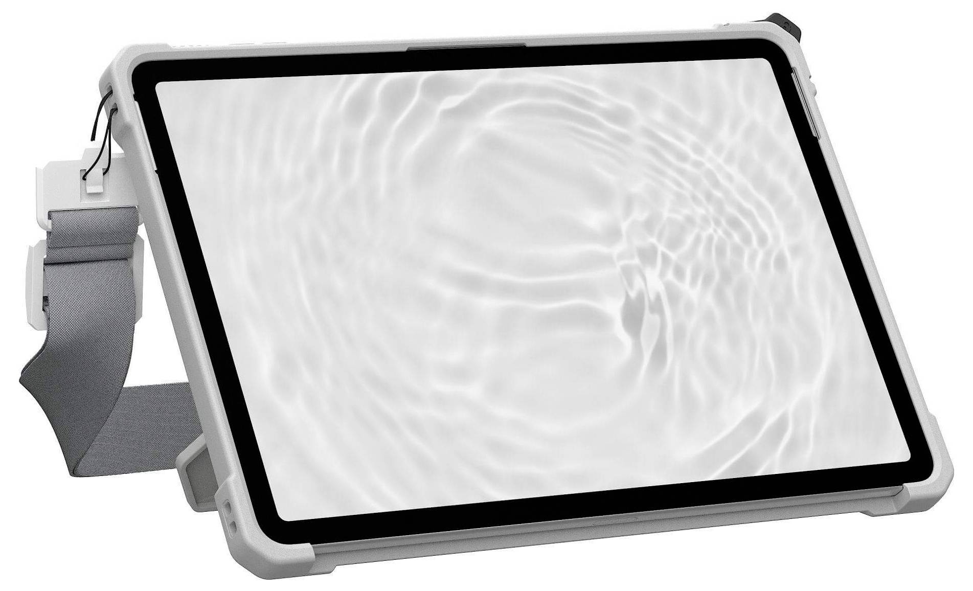Ein Tablet in einem robusten Gehäuse steht auf einer flachen Oberfläche mit einem Riemen befestigt. Der Bildschirm zeigt wellende Wassermuster.