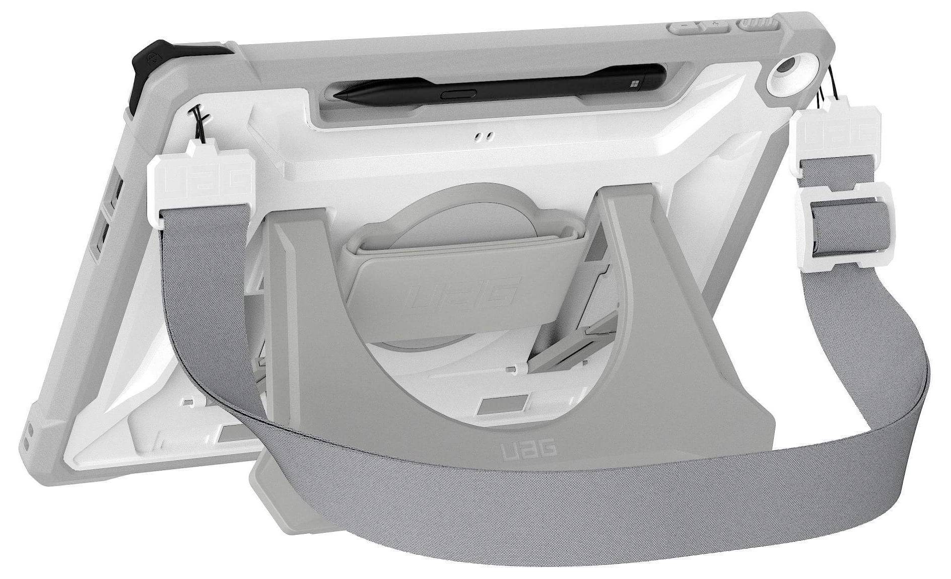 Robustes Tablet-Gehäuse mit Ständer und verstellbarem Gurt, von hinten betrachtet. Mit Stifthalterung und verstärkten Ecken zum Schutz.