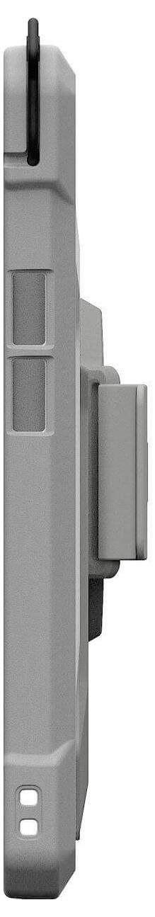 Seitenansicht eines grauen robusten Tablets mit einem Griff auf der Rückseite, das seine Dicke und rechteckige Form zeigt.