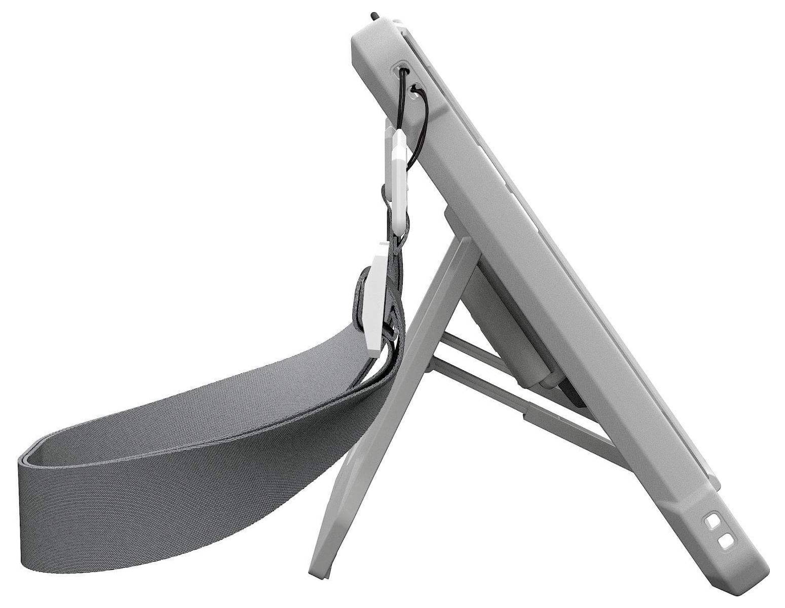 Eine graue Tablette mit einem Klappständer und einem schwarzen Riemen, von der Seite präsentiert, die ihr tragbares Design zeigt.