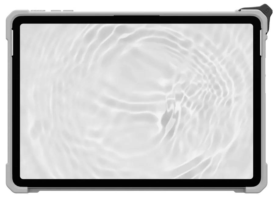 Wellen breiten sich über eine graue Oberfläche aus, die einem Tabletbildschirm ähnelt und wasser-ähnliche Texturen oder Effekte andeutet.