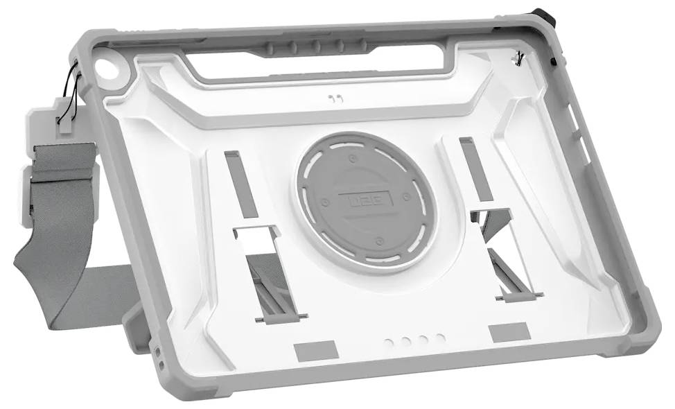 Tablet-Schutzhülle mit Ständer, ausgestattet mit verstärkten Ecken und einer zentralen, kreisförmigen Befestigungszone.