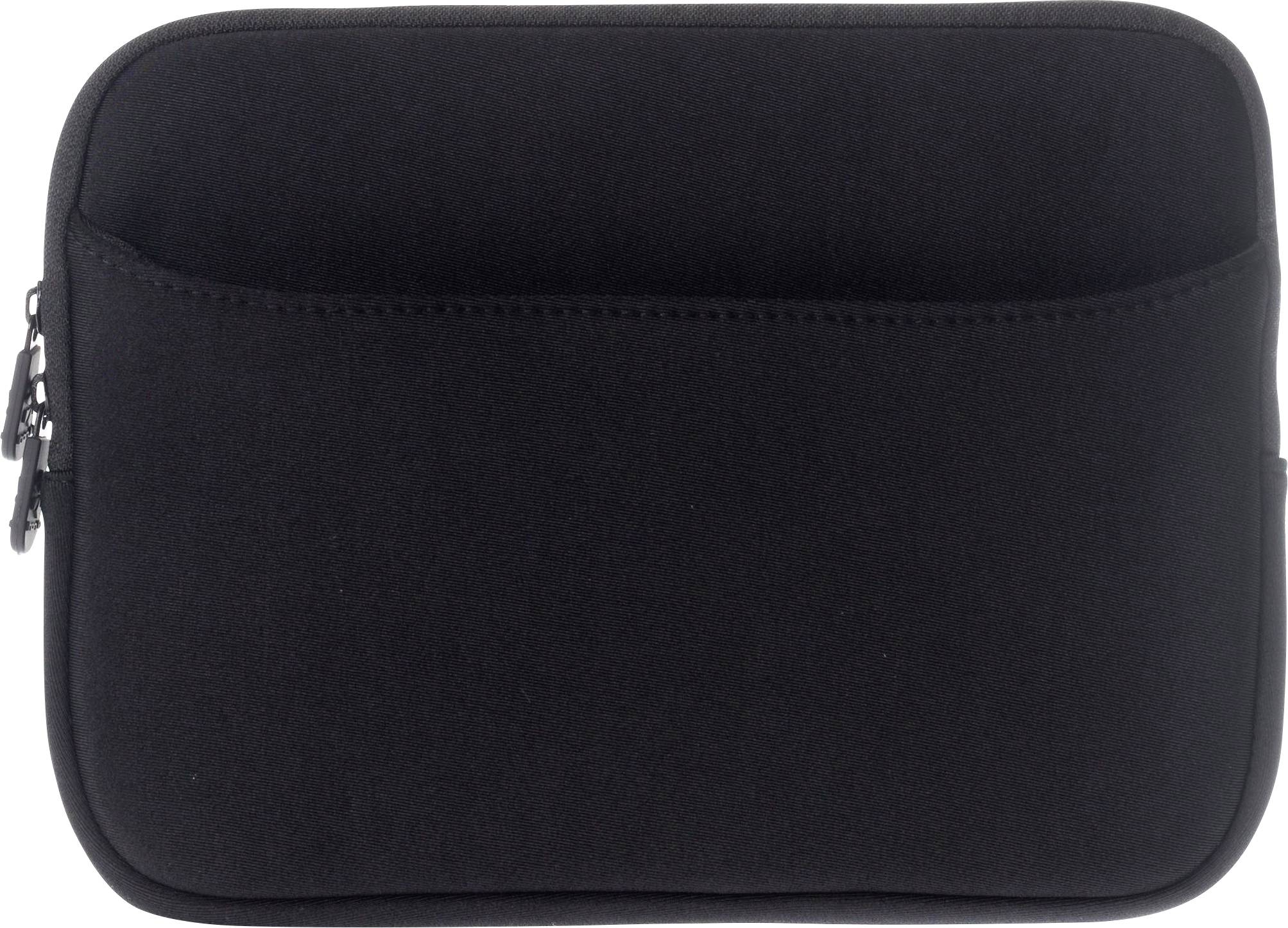 Schwarze Neopren-Laptoptasche mit Reißverschluss und einer Außentasche, entwickelt, um einen Laptop sicher zu schützen und zu transportieren.