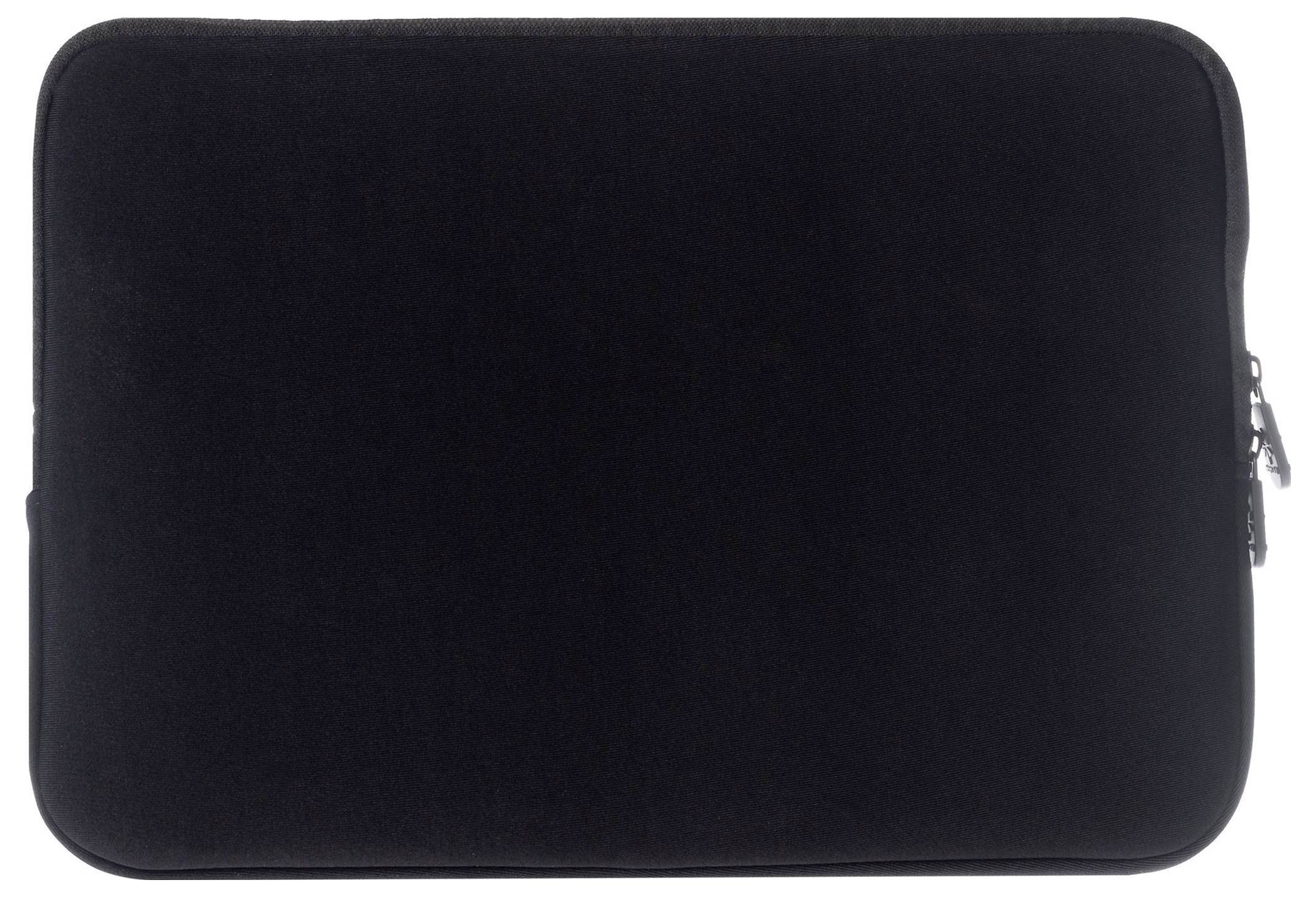 Eine schwarze, rechteckige Laptophülle mit Reißverschlussrand, entwickelt zum Schutz von Laptops und Tablets während des Reisens oder der Aufbewahrung.