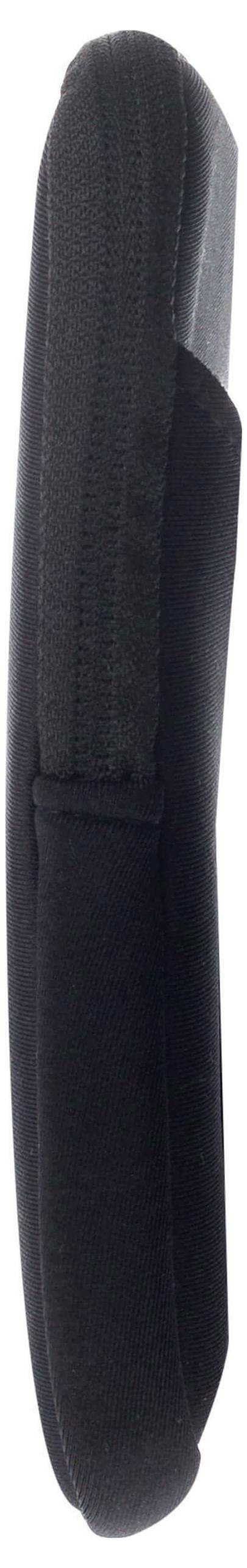 Ein schwarzes, längliches Objekt mit einer gebogenen Form und glatter Textur, von der Seite betrachtet, höchstwahrscheinlich ein Etui oder eine Hülle.