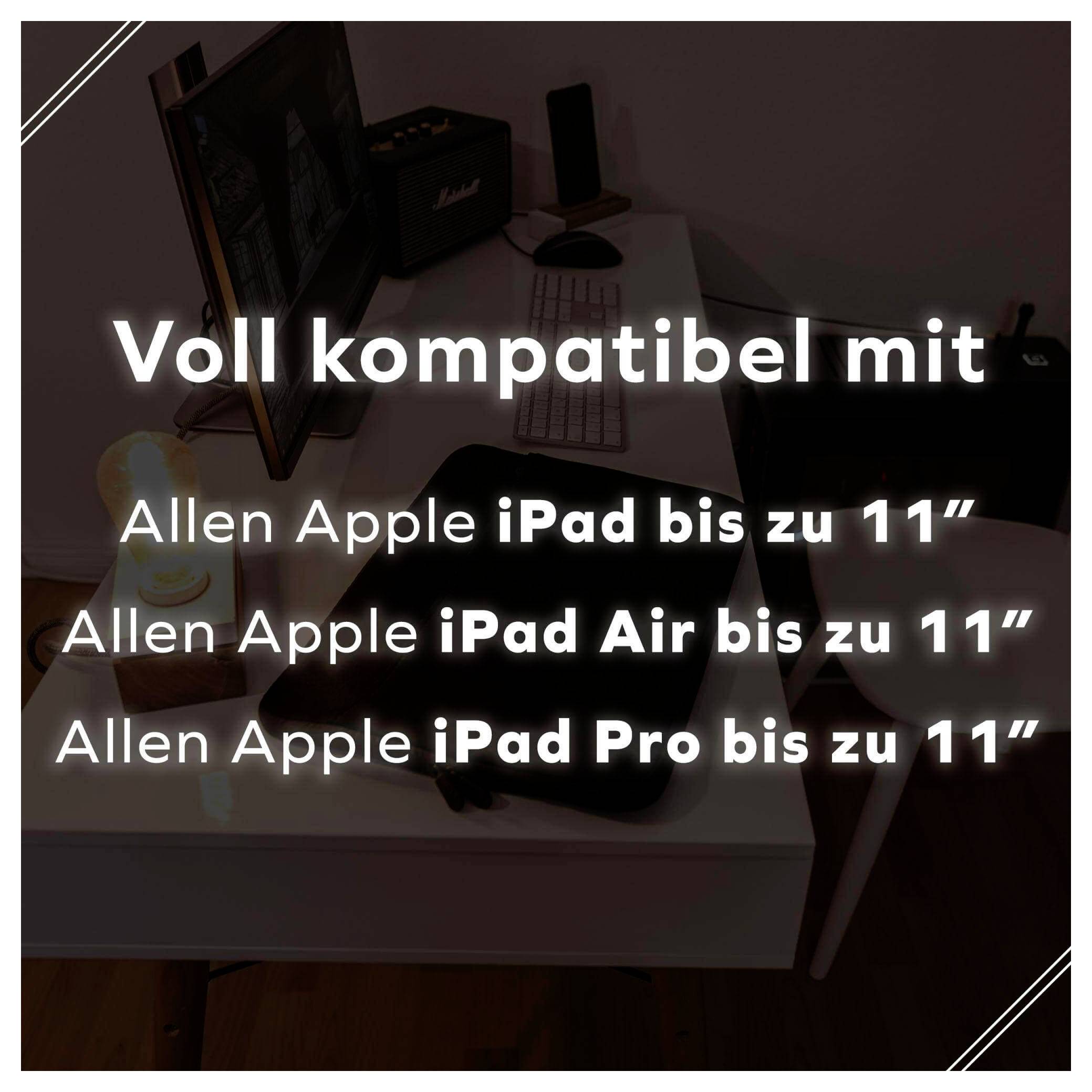 Eine Schreibtischeinrichtung mit einem Bildschirm und Zubehör. Text: 'Voll kompatibel mit allen Apple iPad bis zu 11