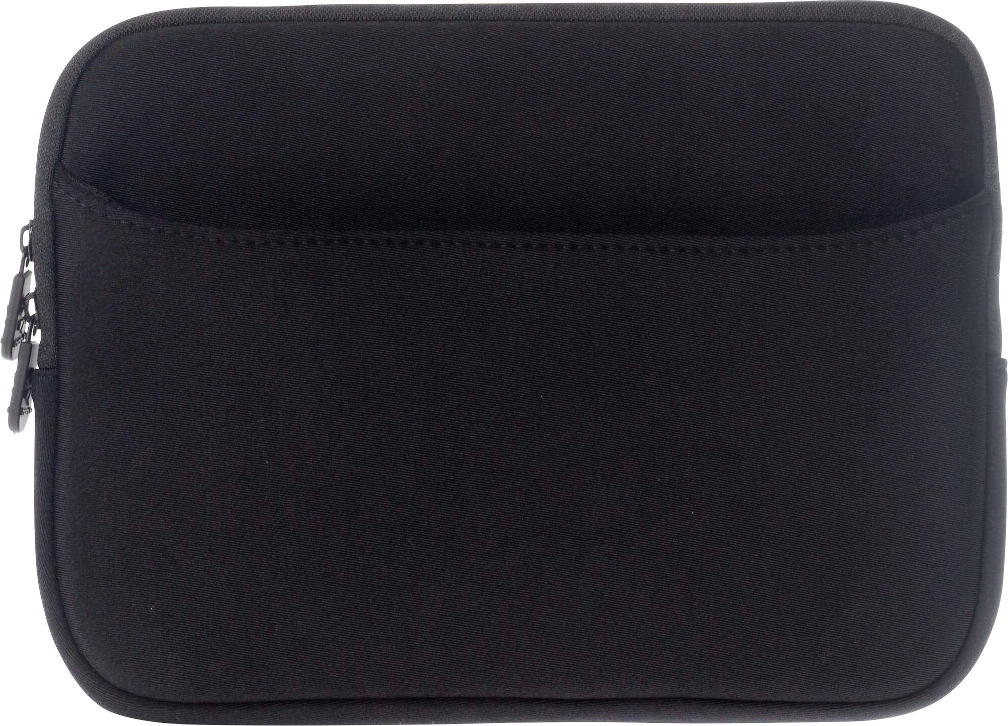 Eine schwarze Neopren-Laptoptasche mit einem Reißverschlussrand und einer vorderen Tasche zum Verstauen.