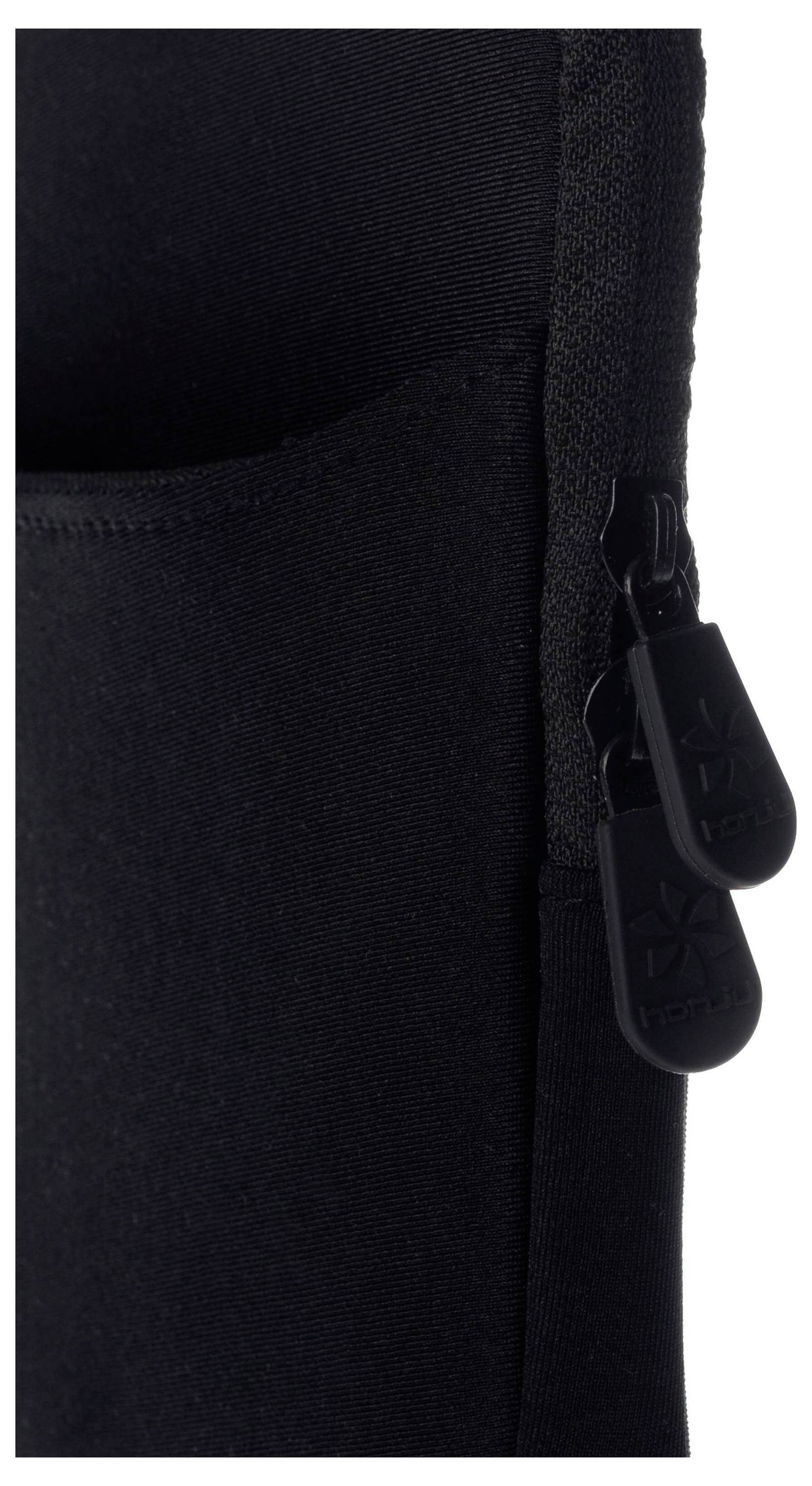 Nahaufnahme eines schwarzen Reißverschlusses auf Neopren-Material mit zwei Reißverschlusspullern.