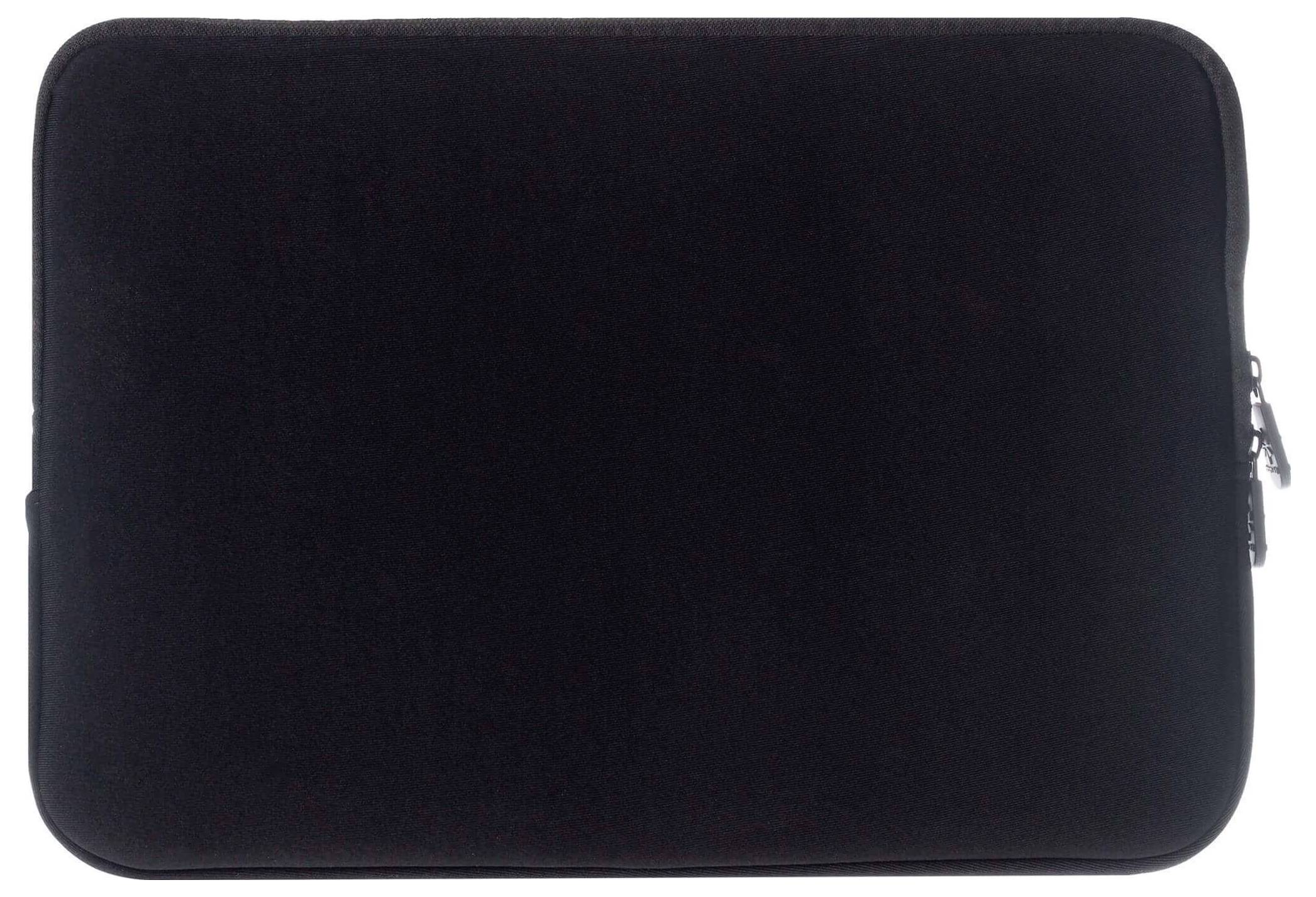 Eine schwarze Laptoptasche mit einem Reißverschluss auf der rechten Seite, entwickelt zum Schutz und Transport von Laptops oder Tablets, vor einem schlichten weißen Hintergrund.