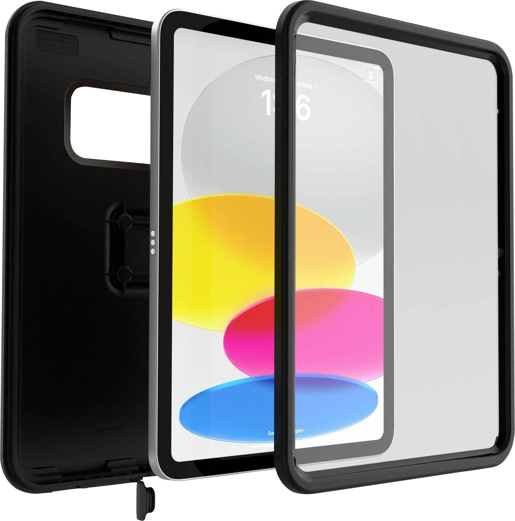 Schwarze Schutzhülle für Tablets mit transparenter Vorderseite, die einen Bildschirm mit bunten, überlappenden Kreisformen zeigt.