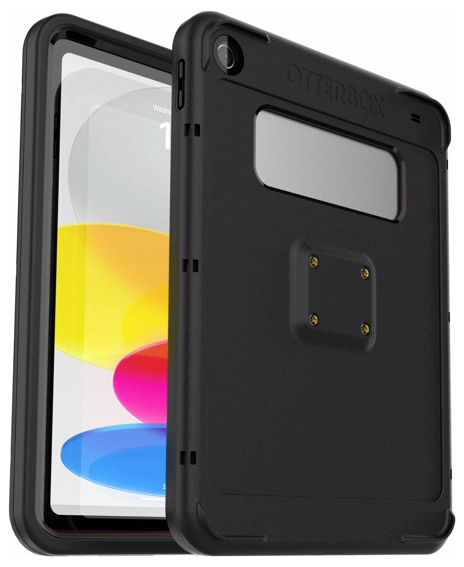 Eine schwarze Schutzhülle für Tablets mit verstärkten Ecken und einem durchsichtigen Fenster an der Rückseite bedeckt ein Tablet mit buntem Bildschirm.