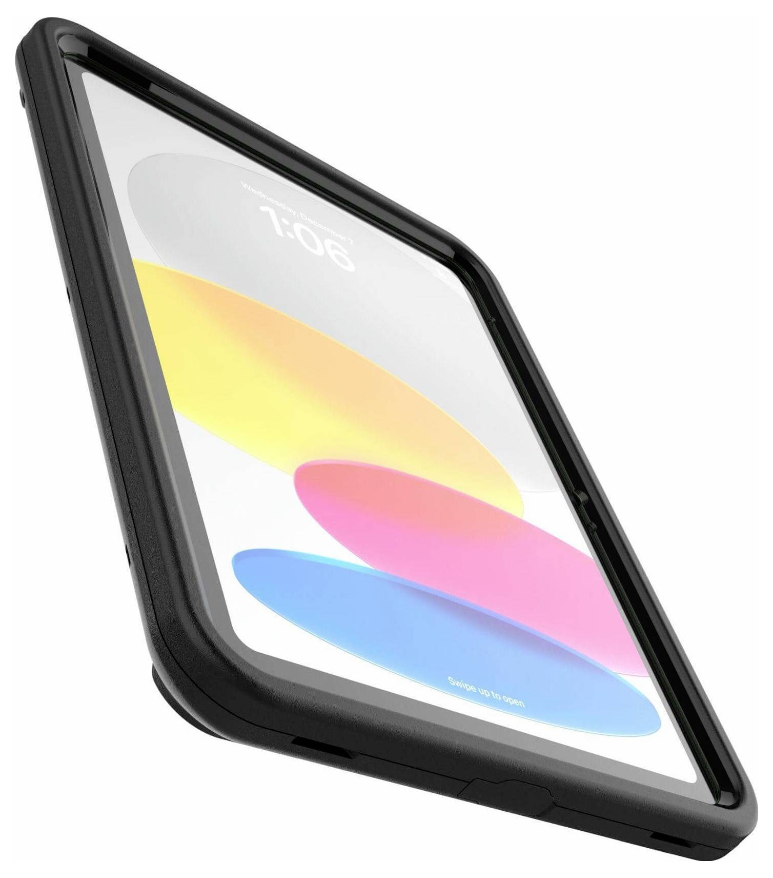 Ein Tablet in einem schwarzen Schutzgehäuse zeigt einen abstrakten Sperrbildschirm mit lebhaften Farbverlaufsformen und der Uhrzeit '7:06'.