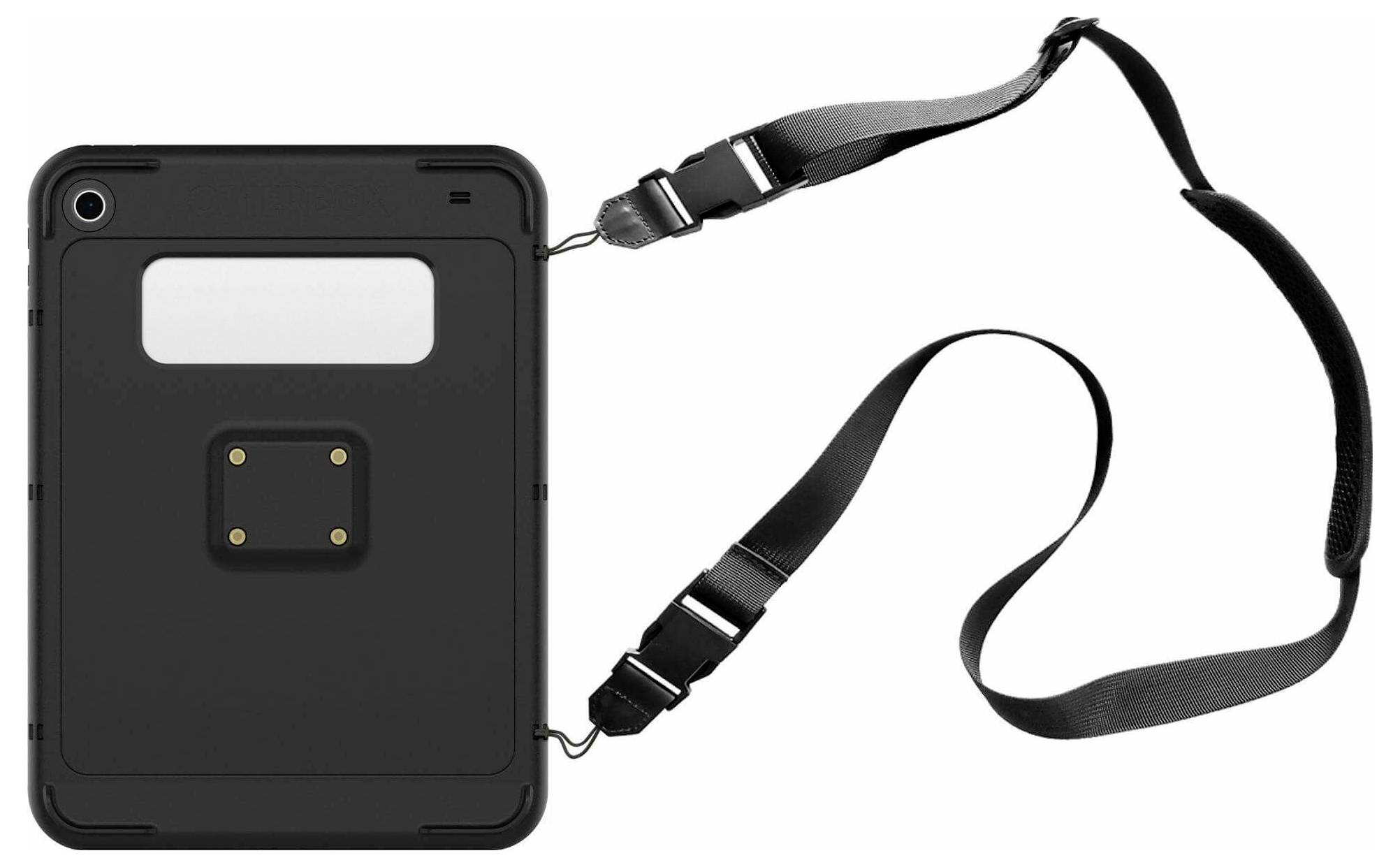 Ein schwarzes Tablet mit einem Schutzgehäuse und einem verstellbaren Schultergurt, das für Mobilität und Nutzung ohne Hände konzipiert ist.