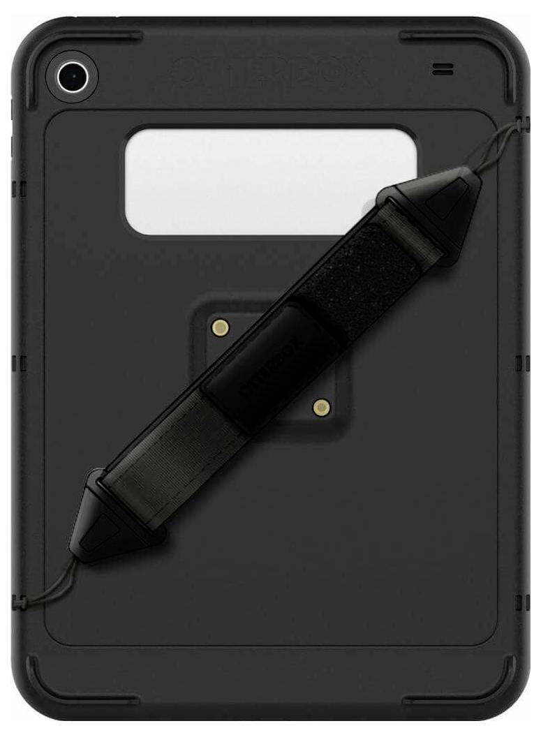 Das Bild zeigt eine schwarze OtterBox Tablet-Schutzhülle mit einem Handriemen zum sicheren Halten, mit einer Kameraöffnung in der oberen linken Ecke.