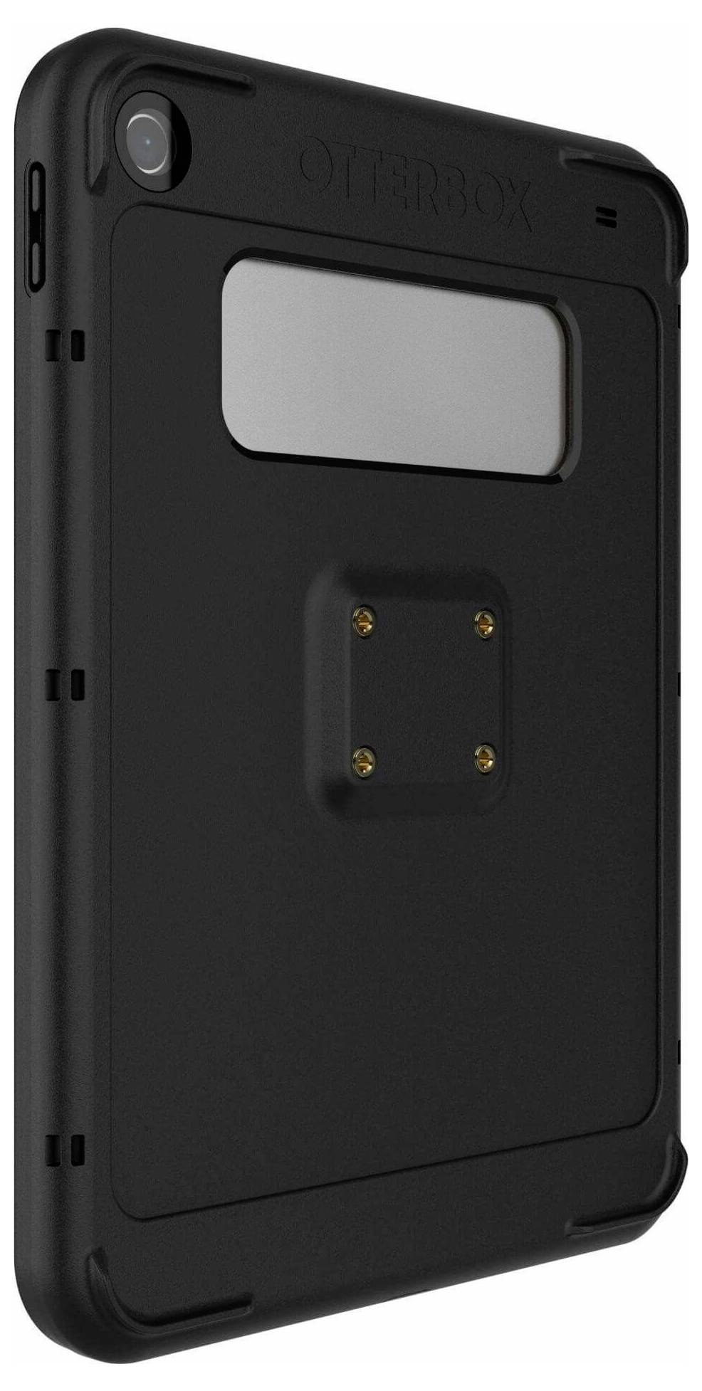 Ein schwarzes, robustes Tablet-Gehäuse mit verstärkten Ecken und einer Metallplatten-Halterung auf der Rückseite, entwickelt für Langlebigkeit und Schutz.