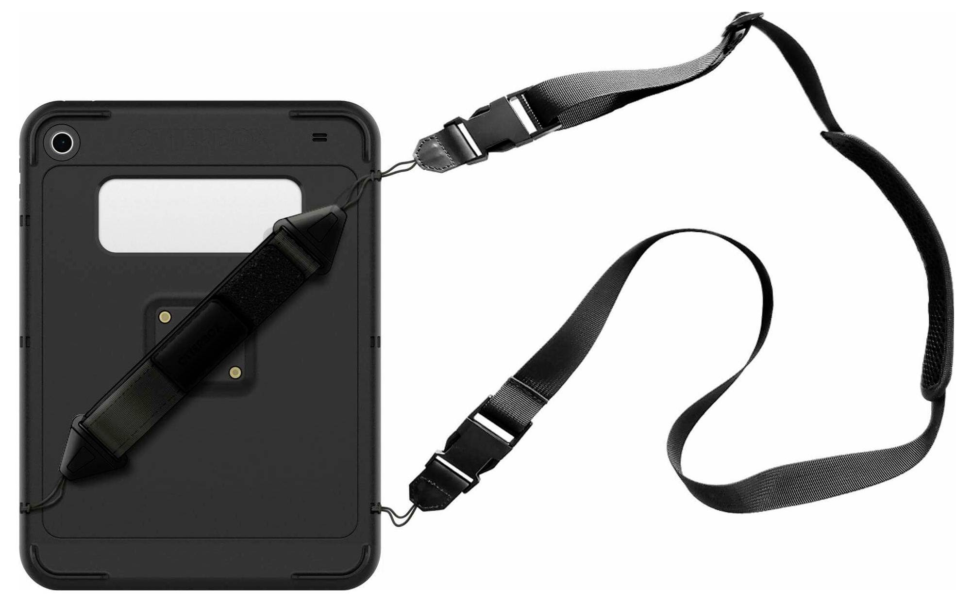 Ein robustes Tablet-Gehäuse mit verstellbarem Schultergurt und Handgriff, entwickelt für sicheren Transport und einfache Handhabung.