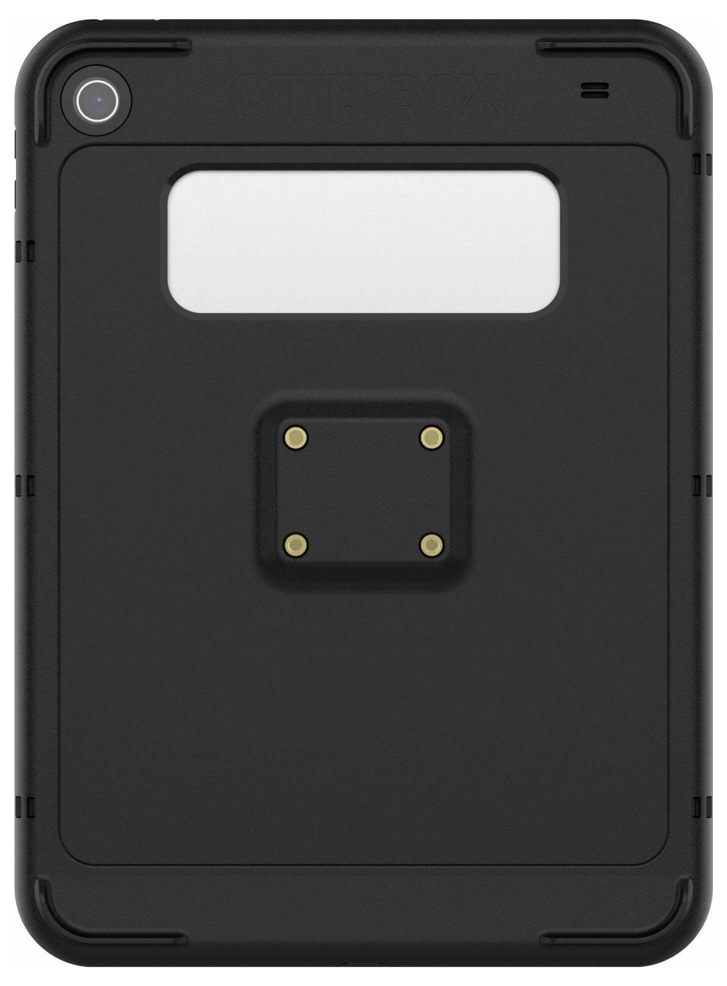 Ein schwarzes elektronisches Geräteetui mit einer Montageplatte und einem rechteckigen Ausschnitt, entwickelt zum Schutz und zur Unterstützung elektronischer Geräte.