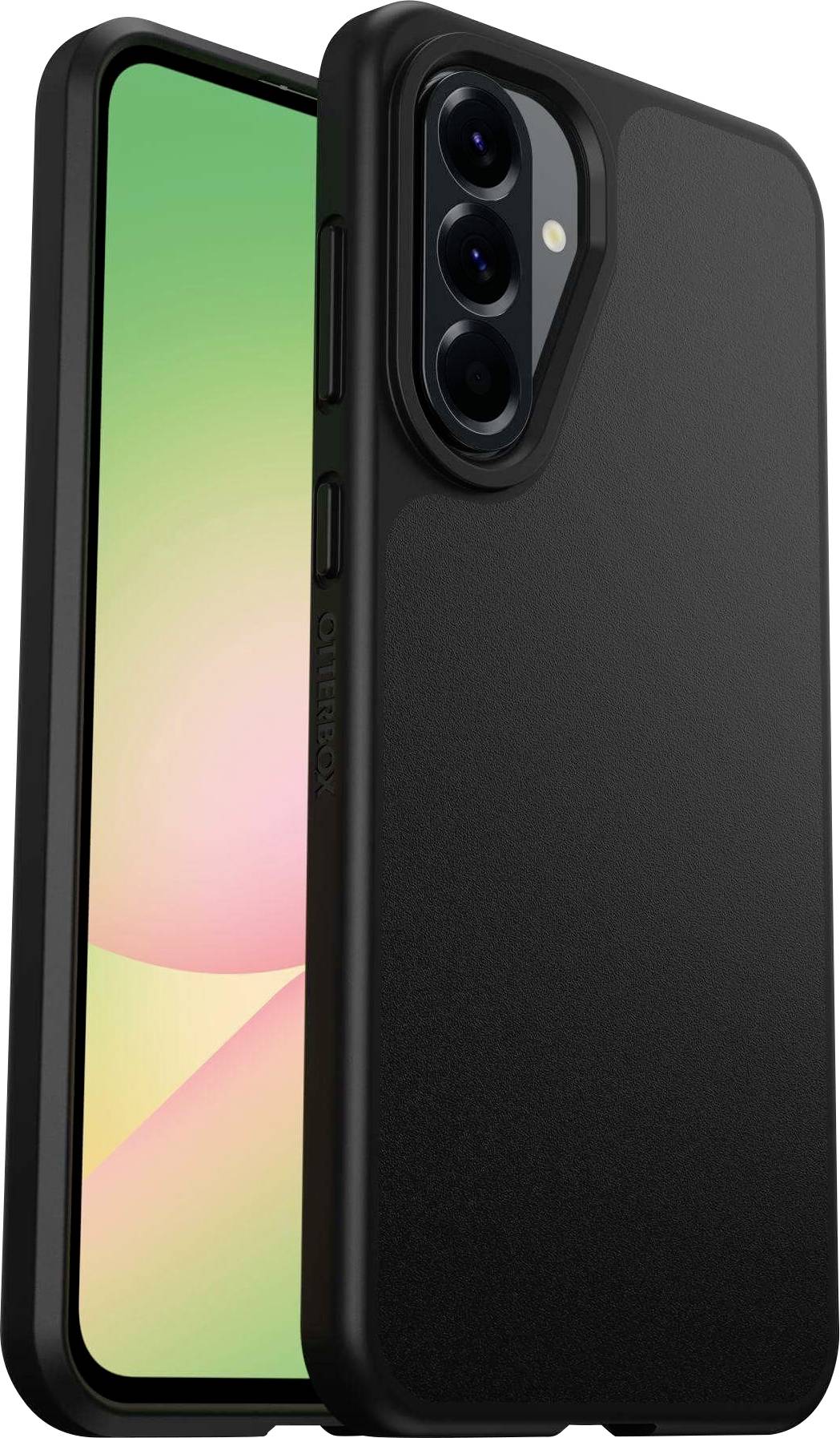 Ein Smartphone mit einem schwarzen Schutzgehäuse, das mit einer Dreifach-Kamera-Anordnung ausgestattet ist. Der Bildschirm zeigt einen einfachen Verlaufshintergrund.