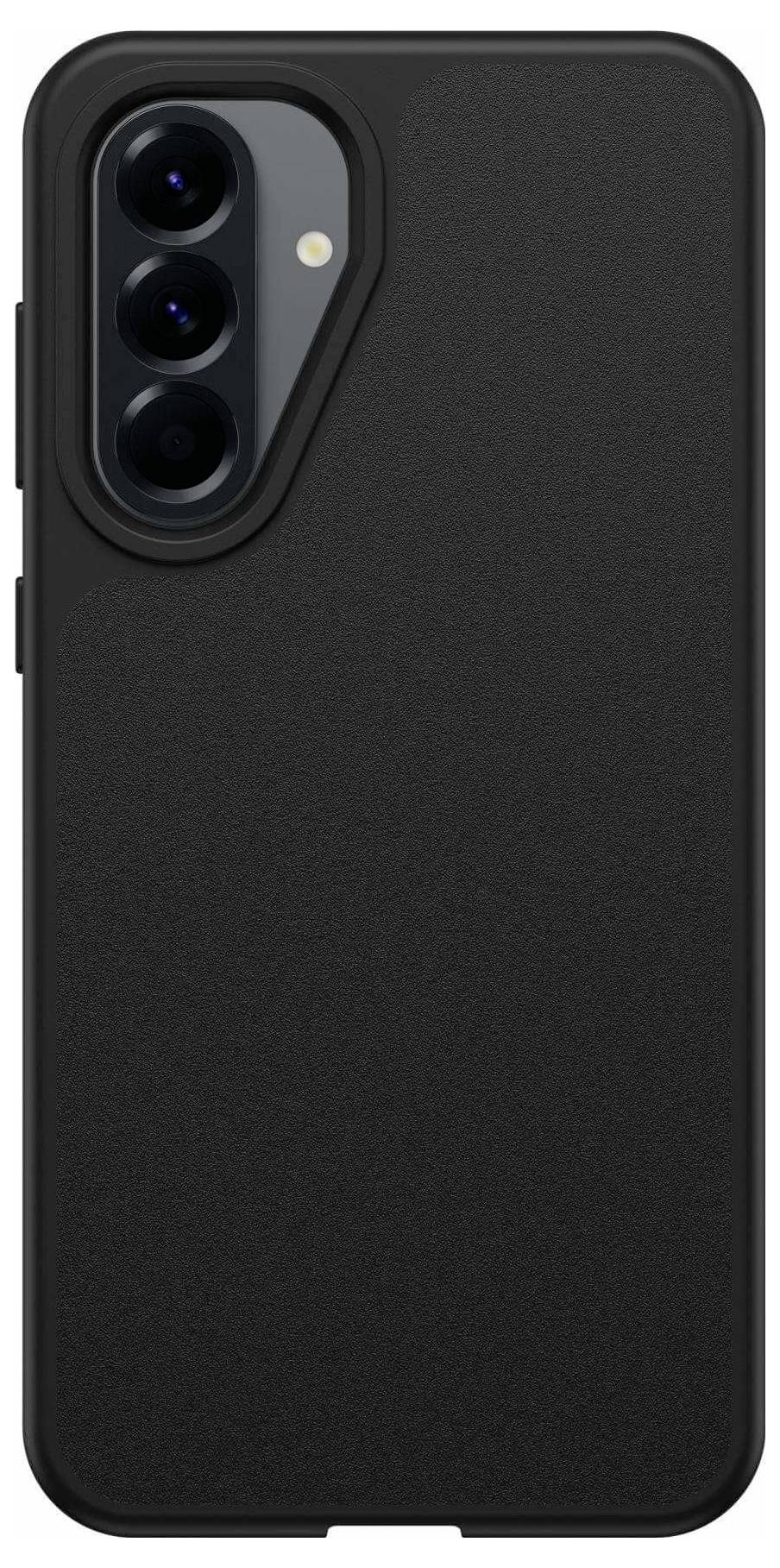 Eine schwarze Handyhülle mit strukturierter Oberfläche, entwickelt für ein Smartphone mit drei Kameraobjektiven in vertikaler Anordnung.