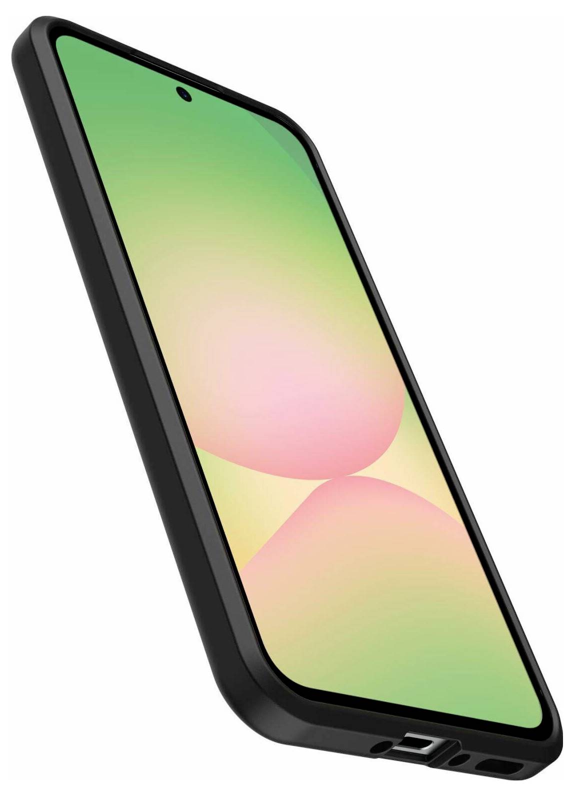 Ein Smartphone mit einer schwarzen Hülle, das einen bunten Verlaufsbildschirm zeigt, leicht nach rechts geneigt.