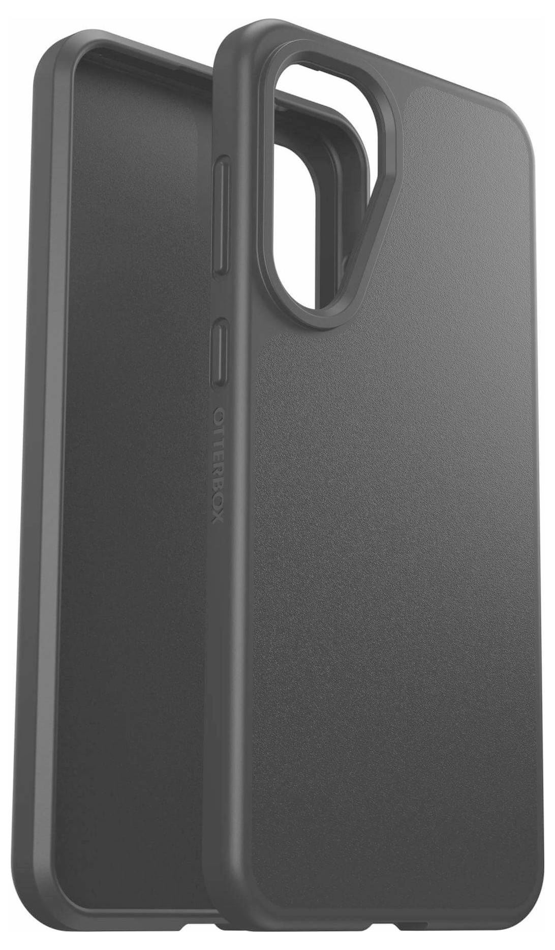 Zwei schwarze Smartphone-Hüllen mit Aussparungen für Tasten und Kameras, in einem Winkel platziert, um das Innen- und Außendesign zu zeigen.